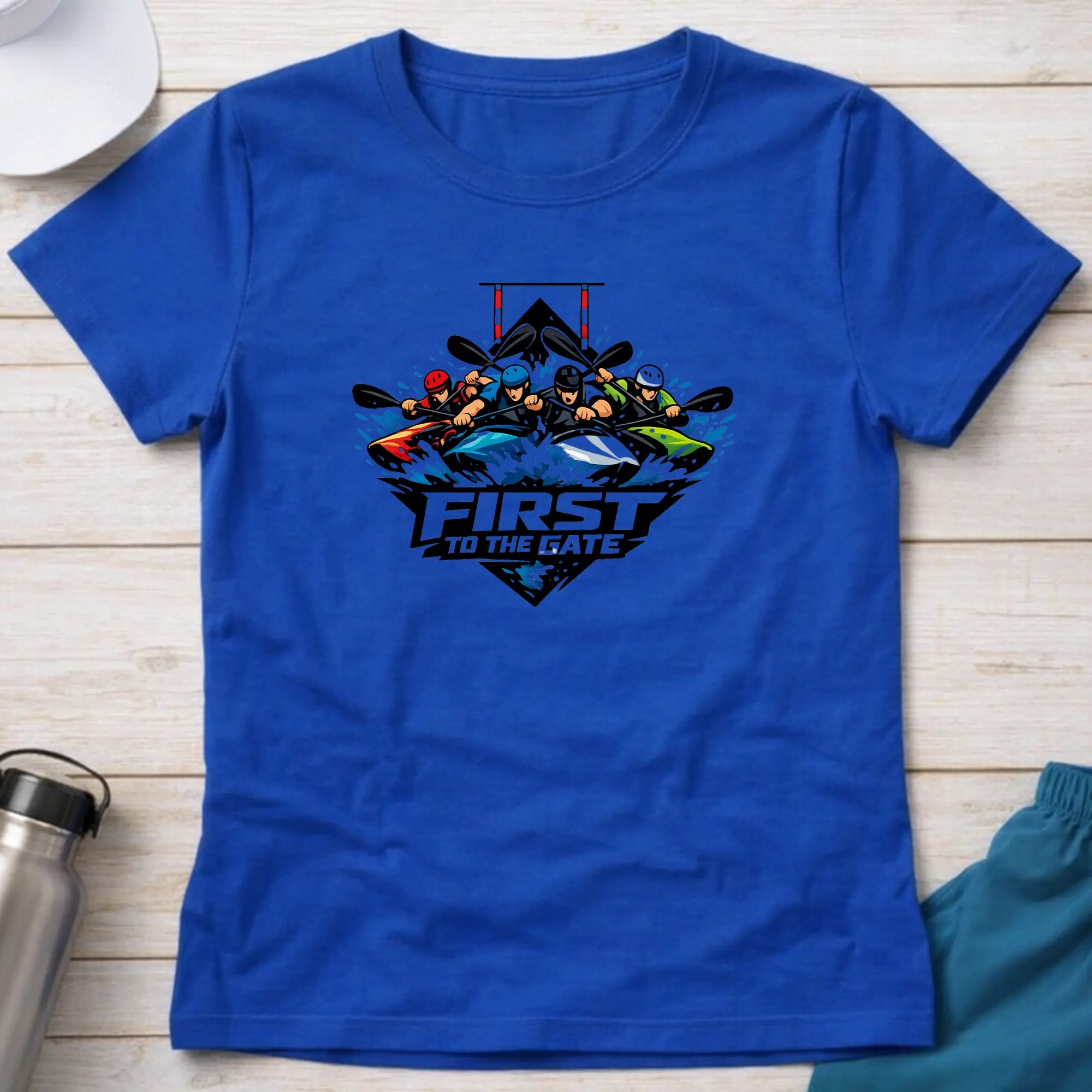 First To The Gate. Kayak Cross Slalom Female T-Shirt Printify