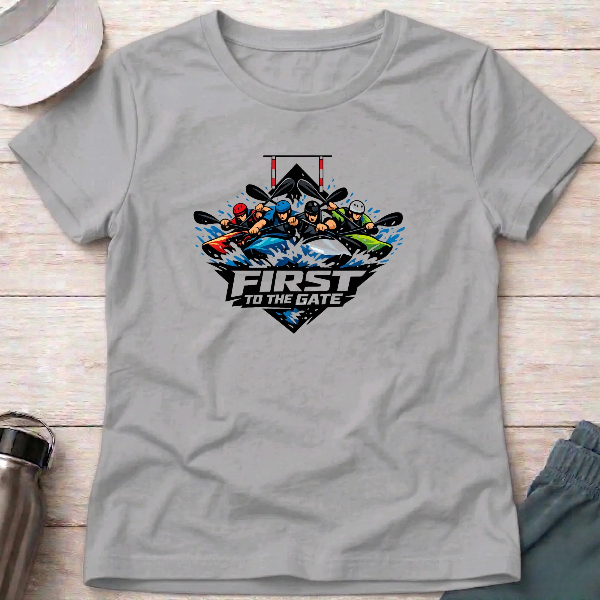 First To The Gate. Kayak Cross Slalom Female T-Shirt Printify