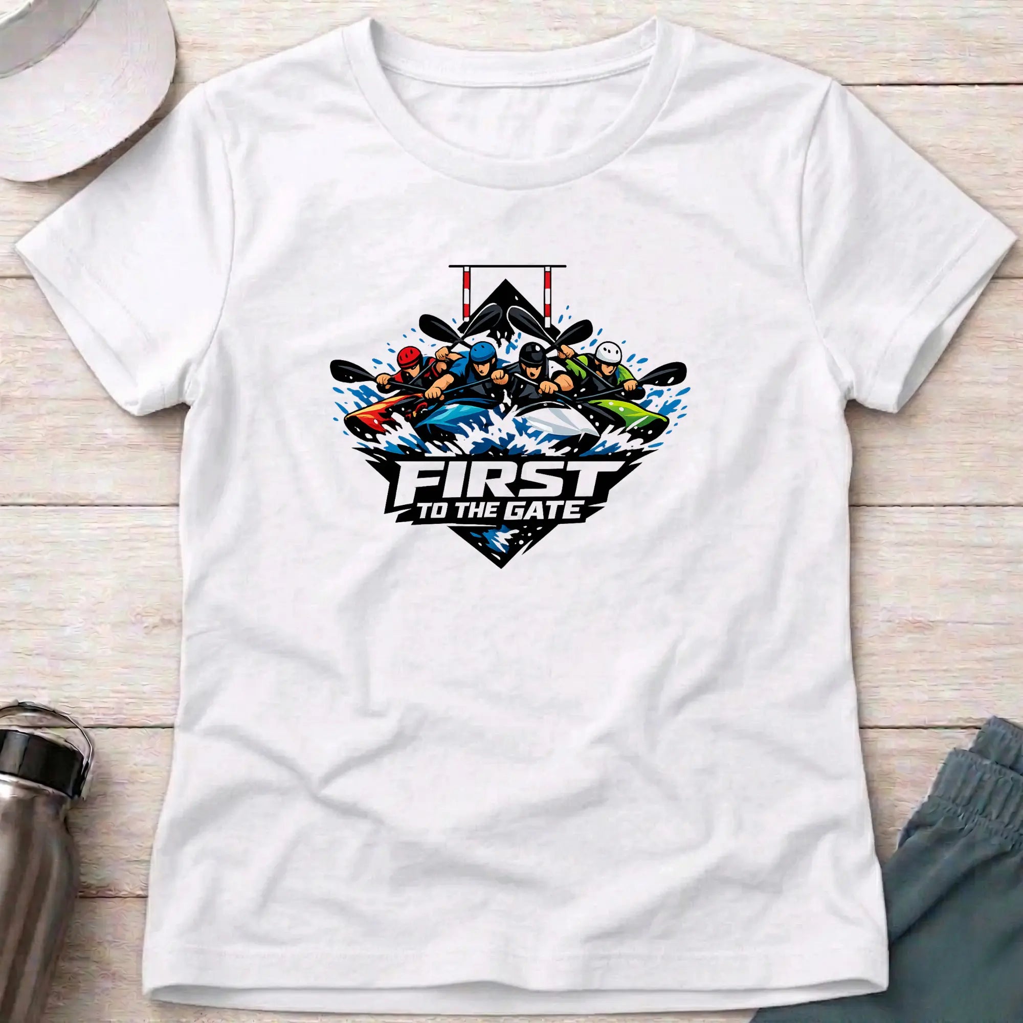 First To The Gate. Kayak Cross Slalom Female T-Shirt Printify